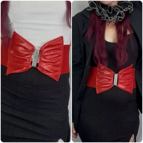 Cherry Red Stretch Corset Bow Belt - Rhinestone Statement Cincher - S/M
