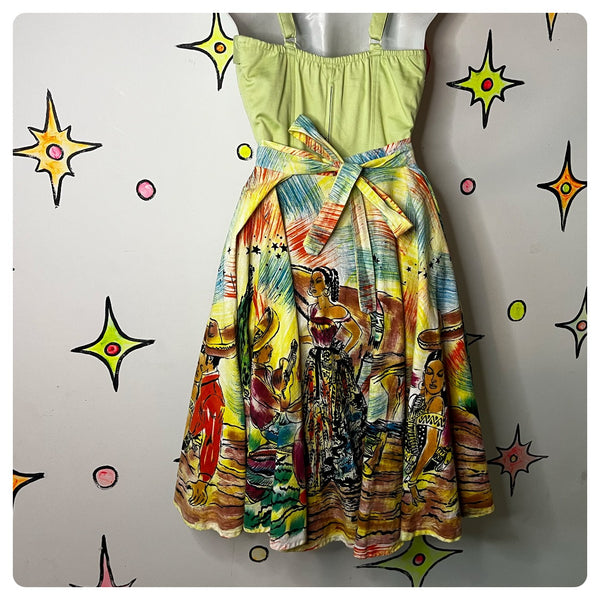 Vintage 1950s | Patio Skirt Hand Painted Western Full Swing Skirt