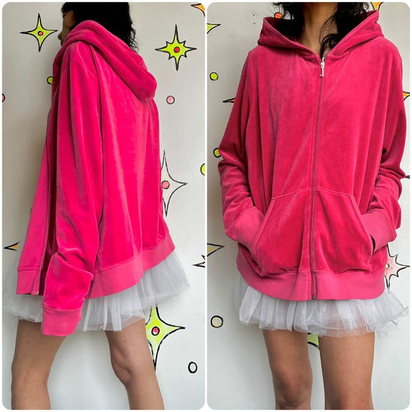 Y2K Early 2000s | Juicy Couture Fairy Grunge Pink Velour Fitted Hoodie | XL