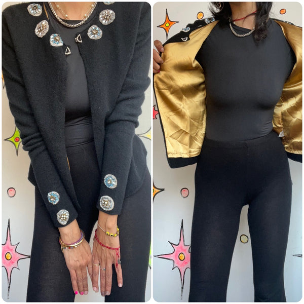 Vintage 90s does 50s | Beaded Black Boho Grunge Whimsy Goth Wool Cardigan | M