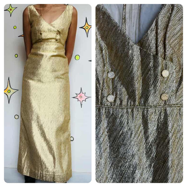 Stunning Old Hollywood 60s Gold Metallic Maxi Dress – XS – True Vintage