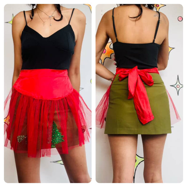 Vintage 1950s Sheer Red Christmas Apron Sequin Holiday Hostess Pin-Up Apron - SM