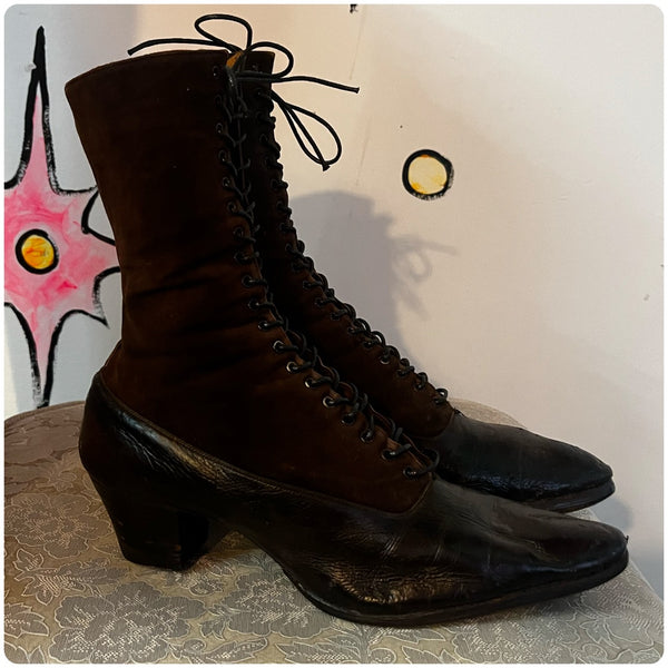 Antique Leather Victorian Boots | Brown & Black Pointy Lace Up Witchy Boots | 6