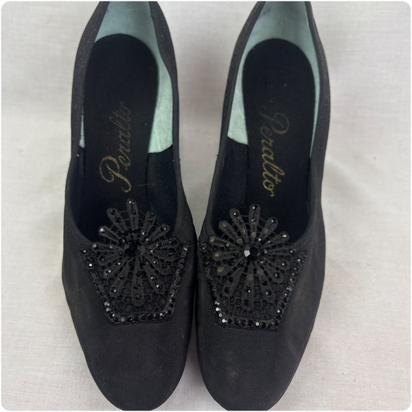 Vintage 1950s Black Glam Witchy Satin Rhinestone & Lace Embellished Heels - 8.5-9