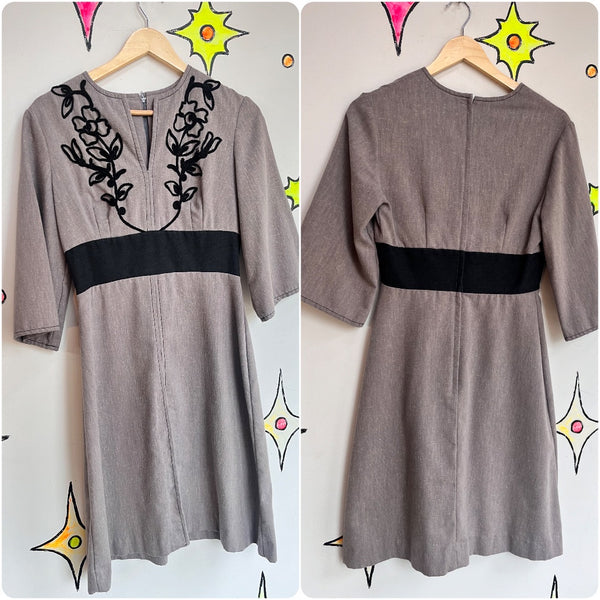 Miss K Alfred Shaheen Gray Black Victorian Inspired Embroidered Dress Small / 6