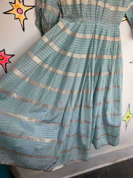 Vintage 1950s Blue & Gold Striped Fit & Flare Dress - Handmade 50s Party Dress