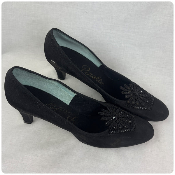 Vintage 1950s Black Glam Witchy Satin Rhinestone & Lace Embellished Heels - 8.5-9