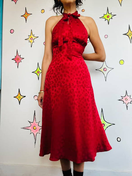Michael Kors Red Leopard Print Silk Halter Dress Siren Cocktail Party Dress - 8