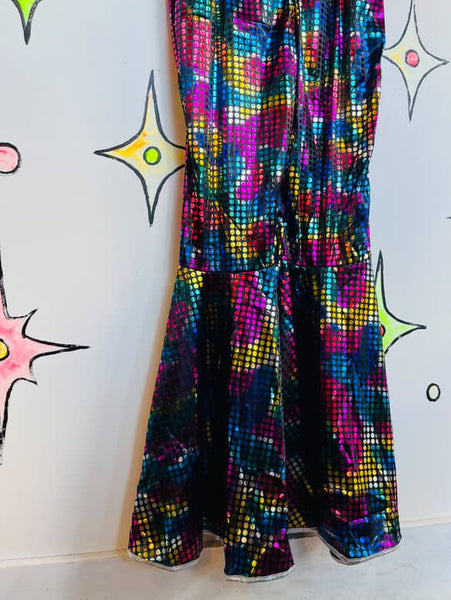 Unisex Rainbow Metallic Disco Big Collar Bellbottom Jumpsuit - Clown Costume - L