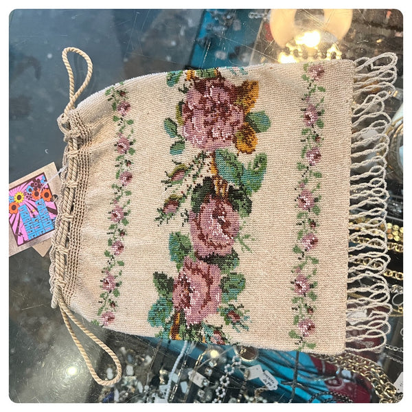 Antique 1920s | Ornate Floral Art Deco Beaded Flapper Handbag Purse with Fringe