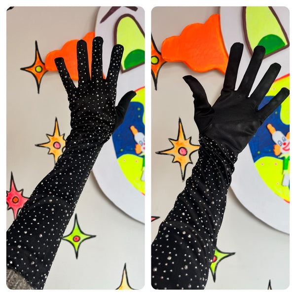 Retro Hollywood Costume | Black Showgirl Flapper Sparkle Rhinestone Satin Gloves