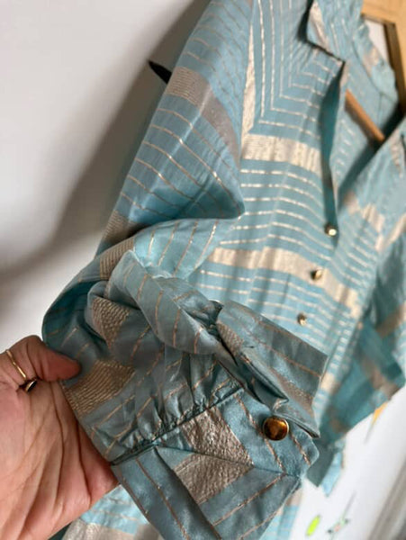 Vintage 1950s Blue & Gold Striped Fit & Flare Dress - Handmade 50s Party Dress