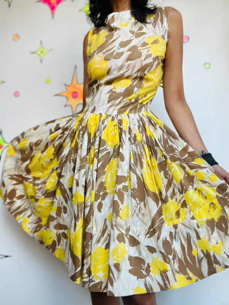 Vintage 1950s Yellow Rose Print Fit & Flare Dress Full Skirt Fairy Grunge | 5/6