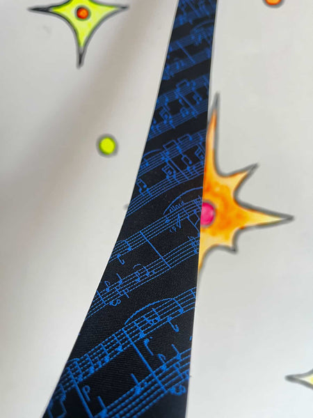 Dan Smith Retro Music Print Skinny Men's Neck Tie - Black & Blue Vintage Style