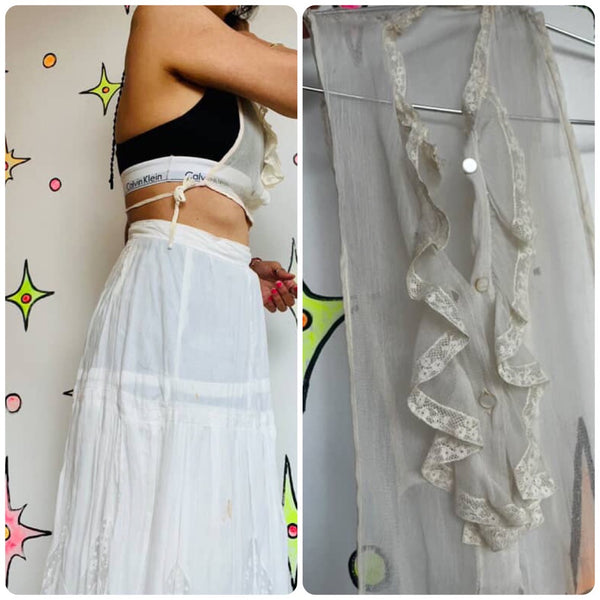 Antique Victorian Off White Lace Accessory Ruffle Mock blouse Rococo Revival