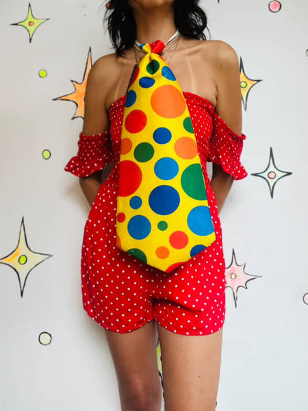 Clown Bozo Circus Halloween Costume Playsuit ā Clowncore Party Outfit w Tie ā L