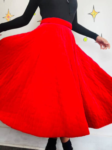 True Vintage 1950s Cherry Red Quilted Velvet Circle Skirt - Swing Rockabilly - S