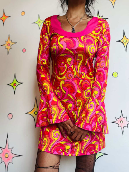 Retro 90s Does 60s/70s MOD GoGo Psychedelic Pink Paisley Mini Dress - S
