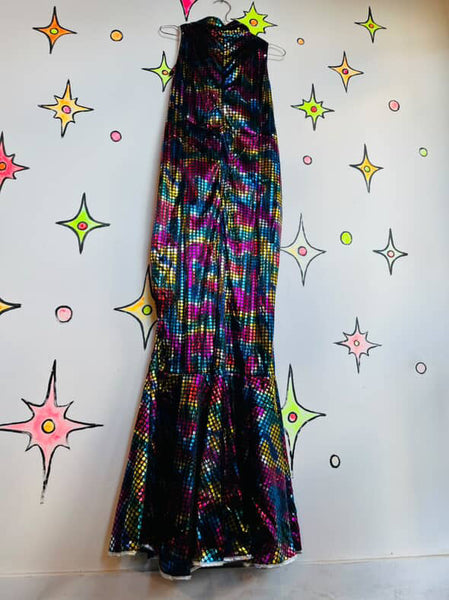 Unisex Rainbow Metallic Disco Big Collar Bellbottom Jumpsuit - Clown Costume - L