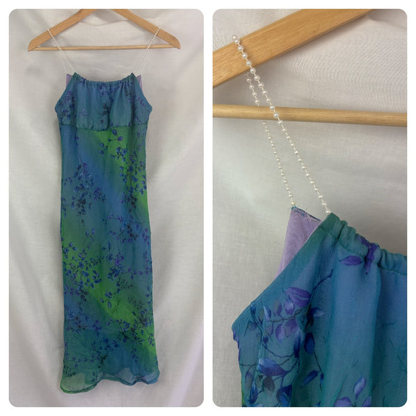 Y2K Blue Green Abstract Floral Mermaid Slip Dress Fairy Grunge Princess Midi S
