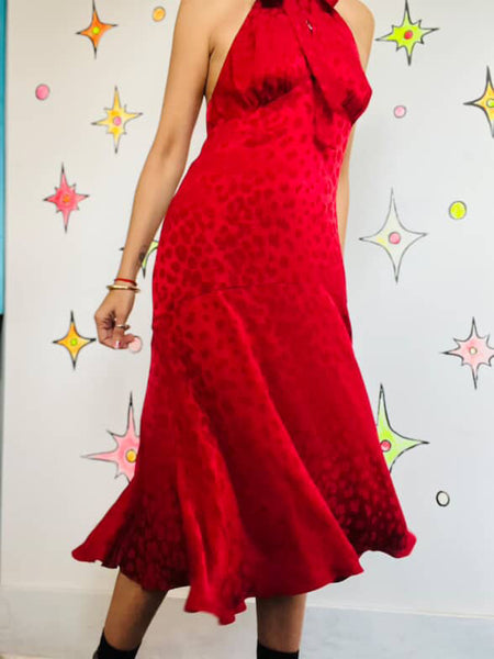 Michael Kors Red Leopard Print Silk Halter Dress Siren Cocktail Party Dress - 8