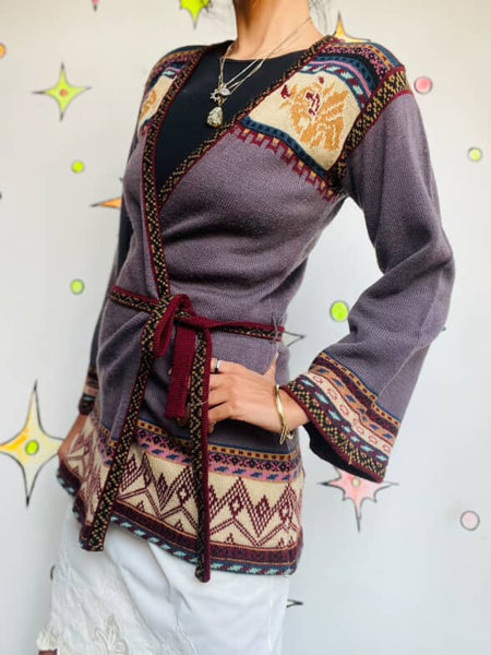 Vintage 1970s Belted Bell Sleeve Cardigan Sweater | Groovy Boho Grunge | S M