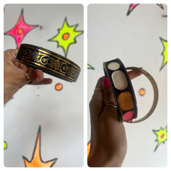 RARE 1930s Bracelet Secret MAKEUP Compact Mirror and Original Cosmetics Art Deco Bakelite Cuff Bangle