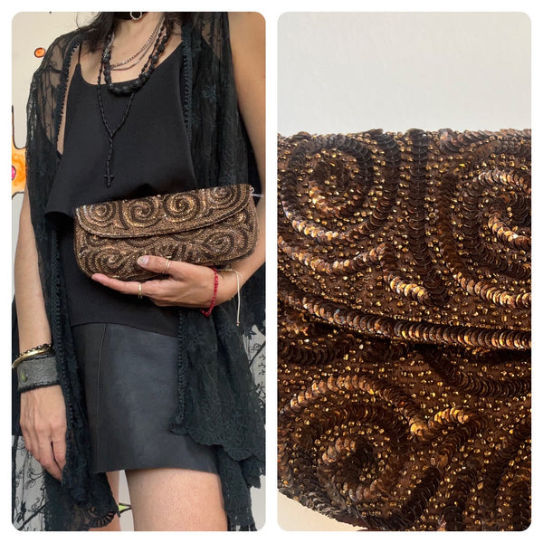 Vintage 1950s 60s | Metallic Bronze Gold Brown Beaded Purse Bag Handbag Clutch