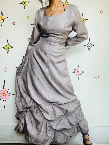 Silver Avant-Garde Maxi Dress Asymmetric Sculptural Bubble Hem Gown Minimalist M