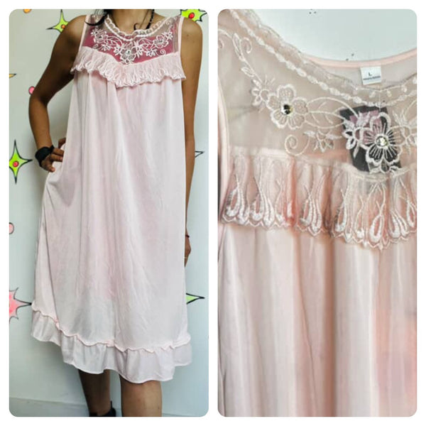 Pastel Pink Vintage Babydoll Nighty β Ruffles & Lace β Coquette Fairy Grunge β L