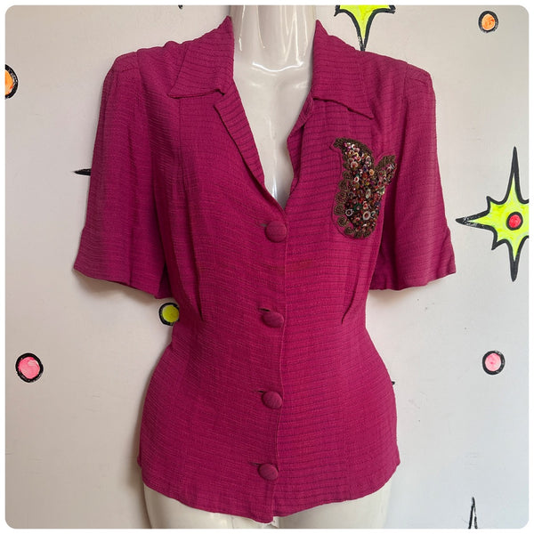 Charming One-of-a-Kind 1950s Candy Pink Blouse with Embellished Beaded Pocket S
