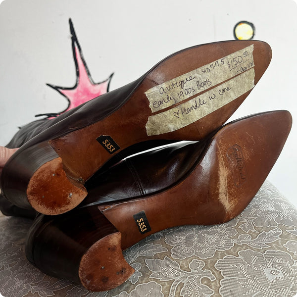Antique Leather Victorian Boots | Shiny Brown Pointy Lace Up Boots | Size 7-7.5