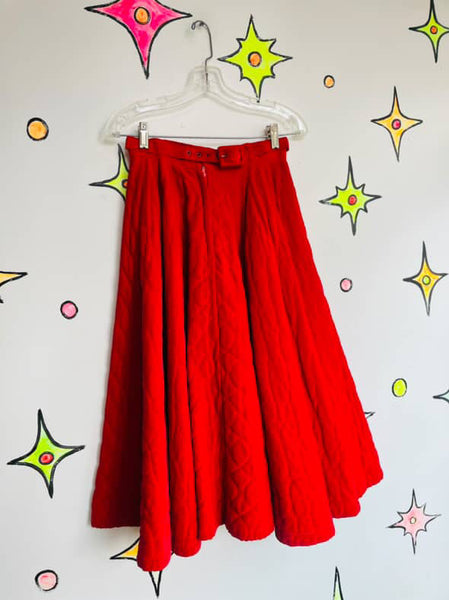 True Vintage 1950s Cherry Red Quilted Velvet Circle Skirt - Swing Rockabilly - S