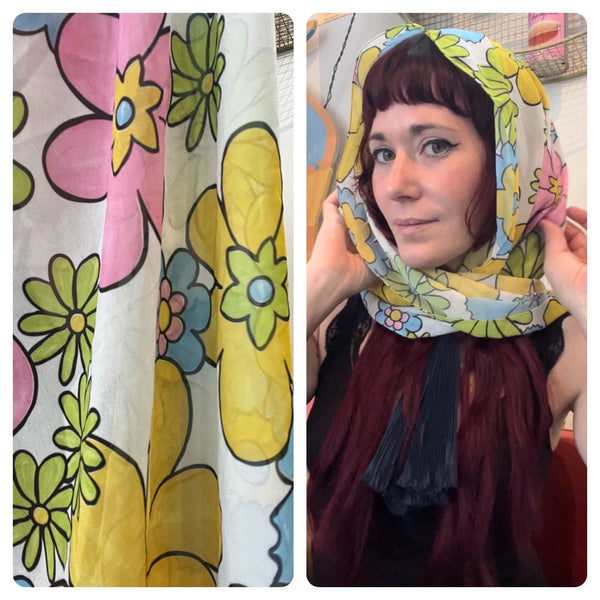 Retro 60s Style Sheer Rainbow Daisy Scarf – Flower Power Groovy Scooby Doo Vibes