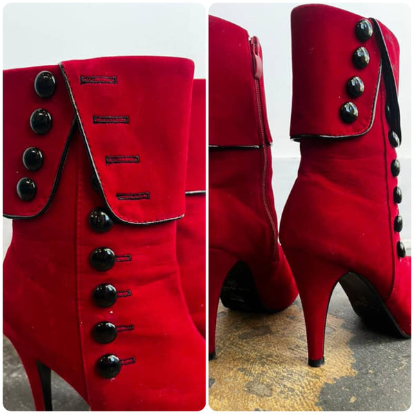 Velvet Red Ankle Boots - Pirate Vampire Goth Victorian Steampunk - Size 8.5