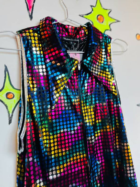 Unisex Rainbow Metallic Disco Big Collar Bellbottom Jumpsuit - Clown Costume - L