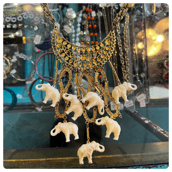 Vintage 1960s | Bohemian Boho White and Gold Tone Elephant Bib Necklace