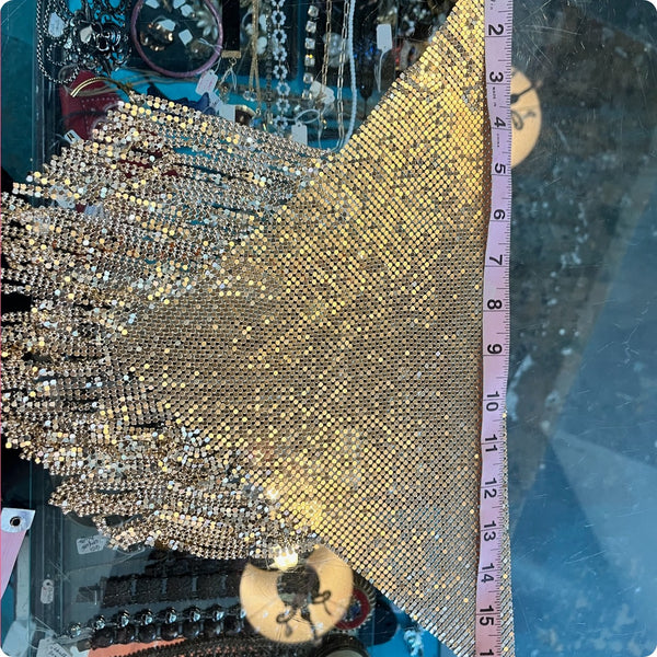 Y2K Gold Disco Rave Grunge Mesh Boho Chainmail Scarf Necklace Choker w Fringe