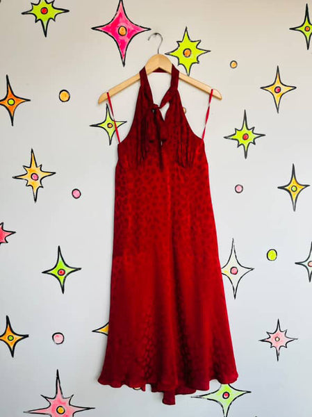 Michael Kors Red Leopard Print Silk Halter Dress Siren Cocktail Party Dress - 8