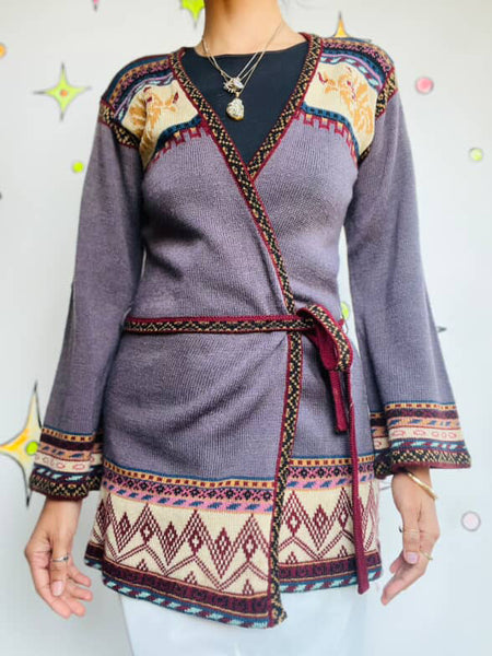Vintage 1970s Belted Bell Sleeve Cardigan Sweater | Groovy Boho Grunge | S M
