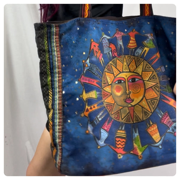 Laurel Burch Sun Celestial XL Shoulder Tote Bag Aztec Wearable Art Y2K Beach Bag