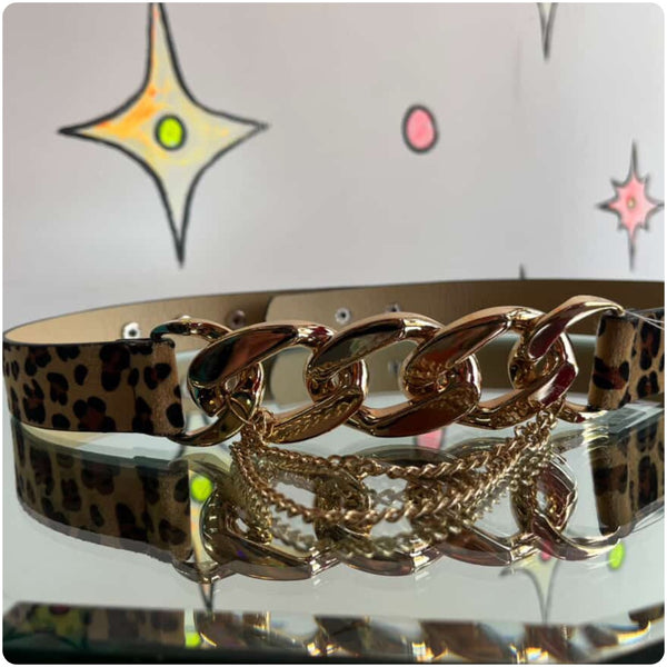 Vegan Leopard Print Belt with Gold Chains - Adjustable Punk Boho Glam Belt - 39"