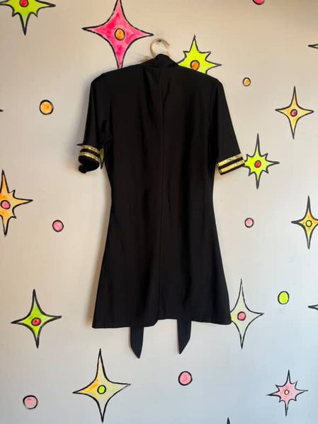 Black & Gold Sexy Pilot Flight Attendant Halloween Costume | Includes Hat | M