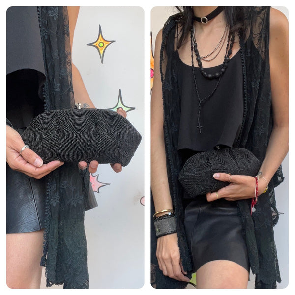 Vintage 1950s 2 piece Beaded Black Goth Glam Kisslock Purse Bag Handbag Clutch