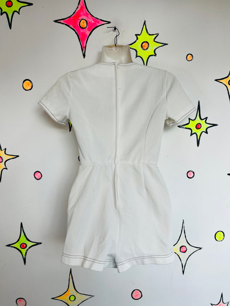 Vintage 1960s–70s White Ribbed Go-Go Mod Romper | Groovy Mini Playsuit | XS
