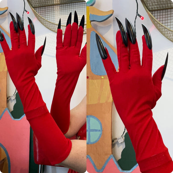 Red Devil Costume Gloves โ Long Red Gloves with Black Nails โ Cosplay Ready