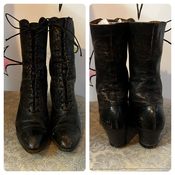 Antique Leather Victorian Boots | Shiny Black Pointy Witchy Lace Up Boots | 6