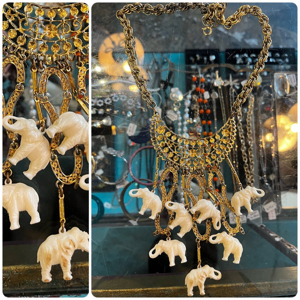 Vintage 1960s | Bohemian Boho White and Gold Tone Elephant Bib Necklace