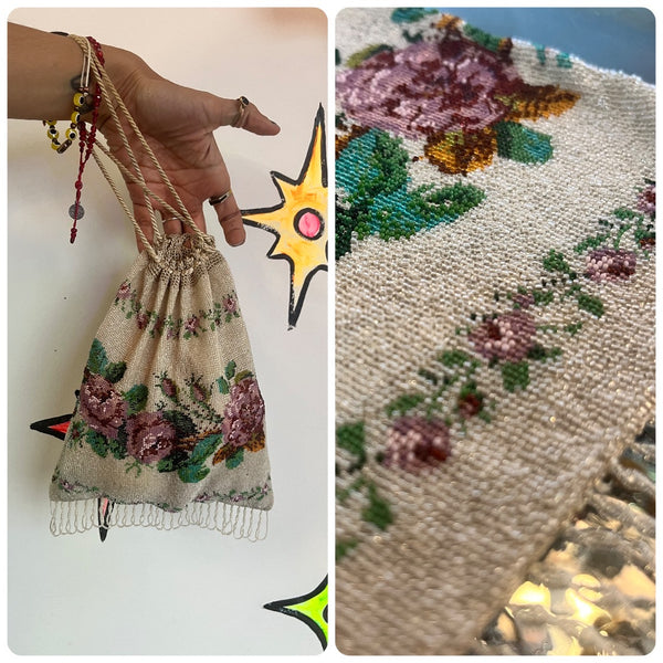 Antique 1920s | Ornate Floral Art Deco Beaded Flapper Handbag Purse with Fringe