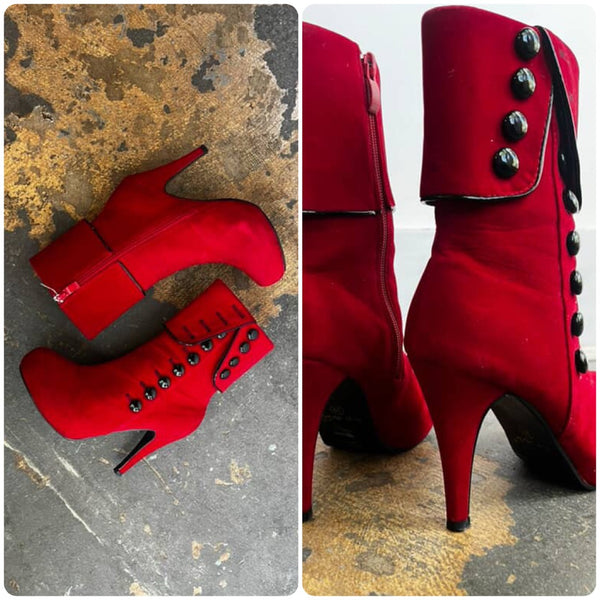 Velvet Red Ankle Boots - Pirate Vampire Goth Victorian Steampunk - Size 8.5